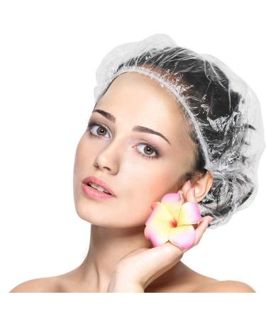 130 pieces disposable shower hood plastic shower cap hair protection hair hood for salon spa hotel shower portable journey transparent waterproof