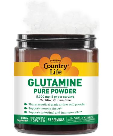 Country Life Glutamine Pure Powder - 5000mg L-Glutamine - Muscle Tissue Gut Health Immune Support - Gluten-Free Certified - Ideal Pre/Post Workout Amino Acid Supplement 55 Servings 9.7oz - Buy Online on GoSupps.com