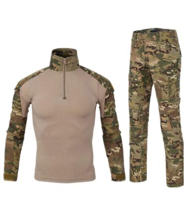 Men Combat T Shirt and Pant Set 1/4 Zip Camo Military Tactial Uniform with Long Sleeve BDU Airsoft Hunting Shirt Small Mc Camouflage