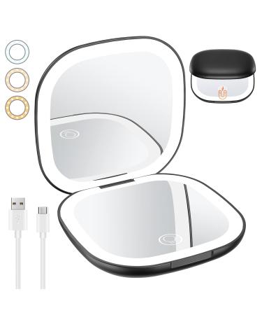 Benbilry Rechargeable Compact Makeup Mirror with Lights and Magnification 1X / 10X  Double Light Strip Dimmable Travel Makeup Mirror with 3 Light Colors Mini Magnetic Closing Pocket Mirror for Women Black