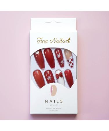 Justotry 24 Pcs Christmas Press on Nails - Long Red French Fake Nails with Bow Patterns | Cute Coffin Stick on Nails for Women | Acrylic Ballerina False Nails with Glue for Nail Art RBS - Buy Online on GoSupps.com