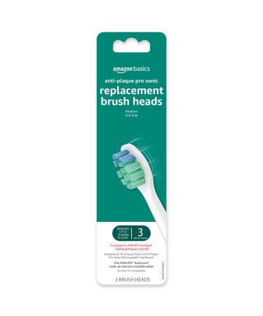 Amazon Basics Anti-Plaque Pro Replacement Brush Heads Blue Bristles 3 Count (Fits most Philips Sonicare Click-On Electric Toothbrushes) (Previously Solimo) 3 replacement brush heads