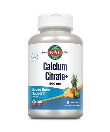 KAL Calcium Citrate Chewable 500mg w/ Magnesium & Vitamin D-3 | for Bones Teeth Nerve & Muscle Support | Natural Mixed Fruit Flavor | 60 Chewables