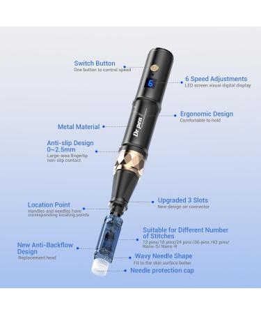 Dr.pen A8S Wireless Microneedling Pen | Adjustable 0-0.25mm | LED Display Screen | 2 Replacement Cartridges (18pin) | Black | A8S-UK - Buy Online on GoSupps.com