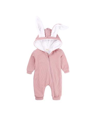 Kids Tales Newborn Baby Winter Warm Outfits Cute Rabbit Ear Hooded Zipper Romper 0-3 Months Pink Thick