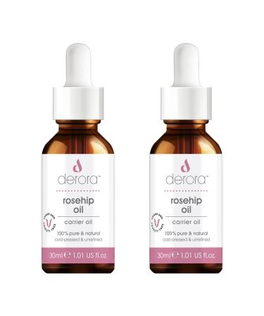 Derora Derora Rosehip Oil | Nourishes skin hair and nails | Anti-aging | 100% pure and natural | Cold-pressed and unrefined | Rich in antioxidants and vitamins A C and E (30ml x2)