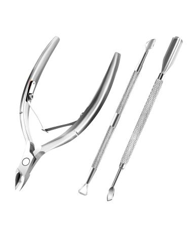 Cuticle Trimmer with Cuticle Pusher and Scissors, Cuticle Remover Professional Durable Pedicure Manicure Tools, Stainless Steel Cuticle Nipper Cutter Clipper for Fingernails and Toenails Silver