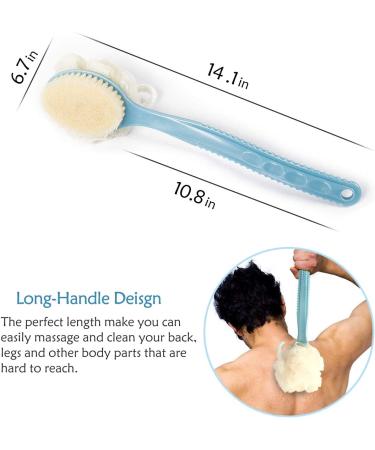 2-in-1 Shower Body Brush with Loofah Sponge & Bristles Back Scrubber - Exfoliating Bath Brush for Women and Men - Long Handle for Wet or Dry Use - Blue - Buy Online on GoSupps.com