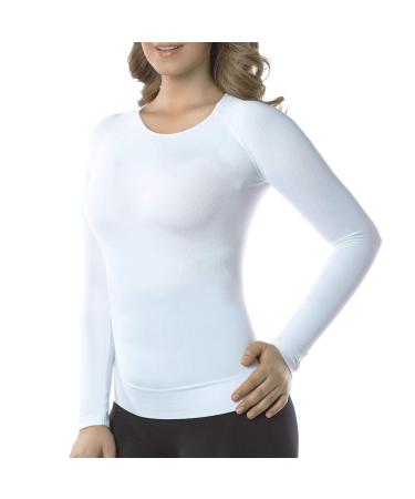 +MD Womens Bamboo Slimming Undershirts for Tummy Waist and Bust Long Sleeves Thermal Underwear Round Neck White Large