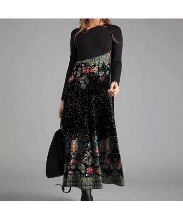 Women's Casual Fall Wedding Guest Midi Dress - Black Long Sleeve Cocktail Party Tunic Flower Shirt Hawaiian Plus Size - Size Large - Buy Online on GoSupps.com