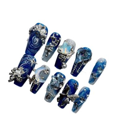 KEMKEY Blue Handmade Wear Nail Senior Sense Of Heavy Industry In Europe And The United States Wind Luxury Fashion Art Absolutely Beautiful In The Long Section Of Nail Art(Medium Ladder M)