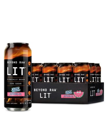 Beyond Raw Lit On-The-Go | Ready to Drink Cans | Contains Caffeine, L-Citruline, and Beta-Alanine | Nitrix Oxide Preworkout Supplement | Jolly Rancher Watermelon | 12 Cans Jolly Rancher Watermelon 1 Count (Pack of 12)