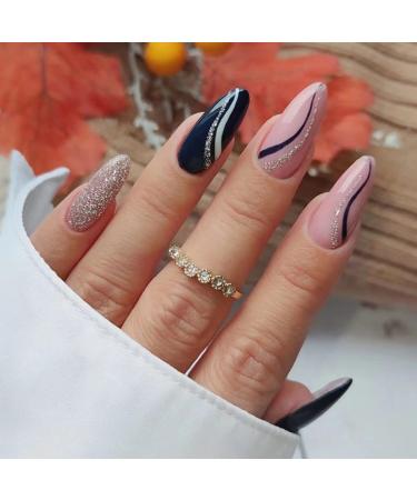 Justotry 24 pieces of almond nails to stick on short pink French press on nails gold swirl stiletto artificial nails fake nails acrylic fingernails artificial nails for women navy & stiletto1