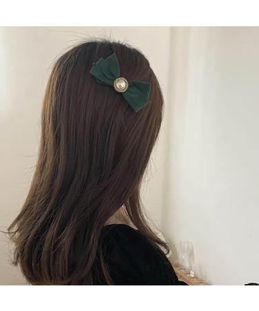 Inilbran Vintage Satin Bow Hair Barrettes Green Velvet Satin Bow Hair Clips Winter Ribbon Bow Headclip Barrette French Pearl Bowknot Hairclip Decorative Hair Accessories for Women(Green) - Buy Online on GoSupps.com