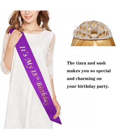 Happy 18th Birthday Tiara and Sash Set - Crystal Rhinestone Princess Crown and Purple Party Favor Supplies for Birthday Girl - Silver Crown - One Size - Buy Online on GoSupps.com