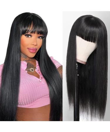 ALIPOP Human Hair Wig With Bangs For Women 2X4 Glueless Lace Overhead Wigs Straight Brazilian Wigs Human Hair Wig With Fringe 150% Density 18 Inch Natural 18 Inch Human hair wig with bangs