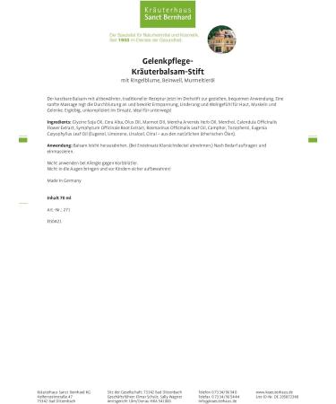 Sanct Bernhard Joint Care Herbal Balm Stick | Marigold Comfrey & Marmot Oil | Skin Muscles & Joints Relief | 70ml - International Shipping Available - Buy Online on GoSupps.com