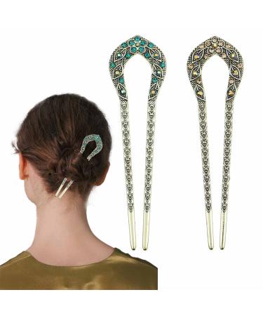 2 Pcs Vintage Hair Stick  Crystal Rhinestone Double Prong Hair Pin Stick Hairstyle Chignon Hairpin(champagne & blue)