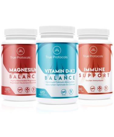 TRUE PROTOCOLS - Immune Protocol+ (3 Items) - Immune Support (90 Caps) Vitamin D-K2 Balance (120 Caps) & Magnesium Balance (120 Caps) - Bioavailable Capsules For Optimal Immune System Support Bone Cardiovascular & Overall Health - Immune System Booster - 