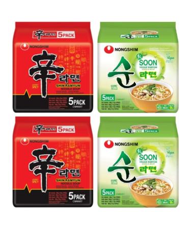 Nongshim Ramen Assorted Bundle Shin Ramyun Soon Veggie Ramyun Instant Noodle Soup 2 Flavours Box Halal (Pack of 20) by CNMART