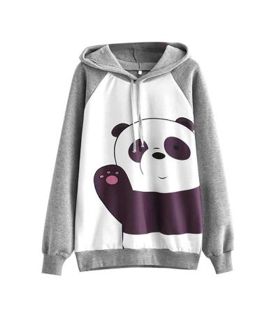 Bigfanshu Womens Cartoon Panda Print Sweatshirt Casual Simple Loose Hoodie Cute Comfortable Fresh Pullover Blouse Top Gray