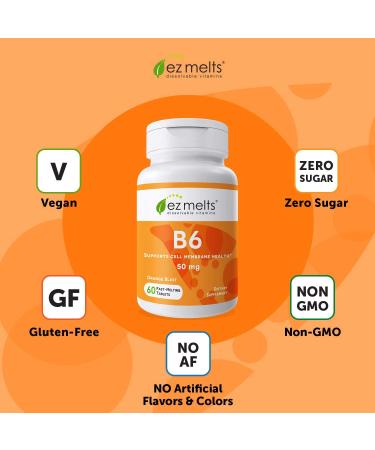 EZ Melts B6 Pyridoxine 50mg Sublingual Vitamins - Vegan, Sugar-Free, Orange Flavor | 60 Tabs - Buy Online on GoSupps.com