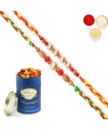 Ghasitaram Gifts Rakhi for Brother Rakhis Online - Set of 2 6431 6432 Pearl Rakhis with 100 GMS of Dryfruits Mix Can