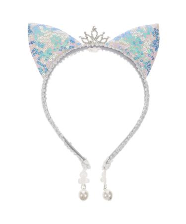 FOMIYES Cat Ears Headband Cat Ear Headband Glitter Sequin Animal Ears Headband Wedding Bridal Tiara Crown Headband Hair Hoop with Lace and Pearl Pendant for Women Girls As Shown