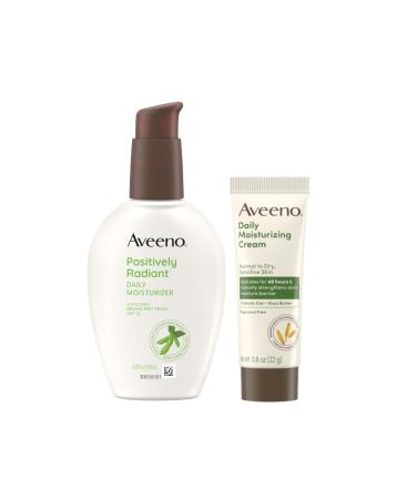 Aveeno Skincare Bundle Positively Radiant Daily SPF 15 Facial Sunscreen Moisturizer + Soy 4 fl. oz & Travel Size Daily Moisturizing Cream for Body Face & Hands 0.8 oz Two Pack 2 Items