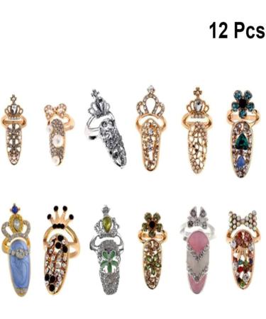 12pcs Women Finger Nail Rings Rhinestone Crystal Nail Cover Ring Nail Art Charm Crown Finger Decoration Rings for Women Girls DIY Nail Decor - Buy Online on GoSupps.com