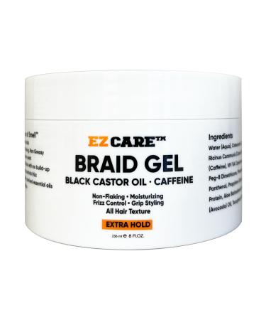 Braid Gel Black Castor Oil/Caffeine/Non-Flaking/Moisturizing/Frizz Control/Grip Styling/All Hair Texture/Extra Hold (8 oz.)