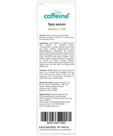 mCaffeine Green Tea and 15 Percent Vitamin C Face Serum - Reduces Dark Spots Hyperpigmentation Sun Damage Protection Revives Dull Skin - 30 ml - Buy Online on GoSupps.com
