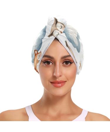 Watercolor Owl Fox Bear Bird Clouds Hair Towel 2 Pack Super Absorbent Hair Drying Towel Quick Dry Hair Turbans Head Towel with Button Twisty Wrap for Women Girls