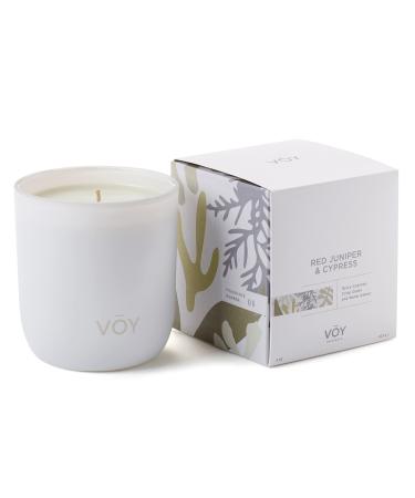 VOY Scented Candle Warm & Spicy Red Juniper & Cypress Scent 55 Hour Burn Time Premium Blended Soy Candle High-Fragrance Load 8 oz Jar Candle Aromatherapy Candle with Sustainable Gift Packaging