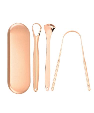 WILsem Stainless Steel Tongue Scraper Tongue Cleaner Brush Fresh Breath with Travel Box 3 Sets Rose Gold