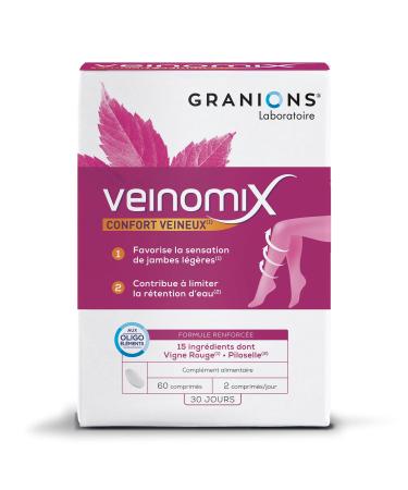 GRANIONS | Veinomix | Promotes the sensation of light legs and limits water retention | Red Vine + Piloselle + Vitamins & Trace Elements | French Brand | 60 Tablets