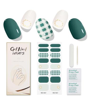 JMEOWIO Semi Cured Gel Nail Strips Green White Checkerboard Gel Nail Stickers Nail Supplies Nail Art Design Decoration Accessories