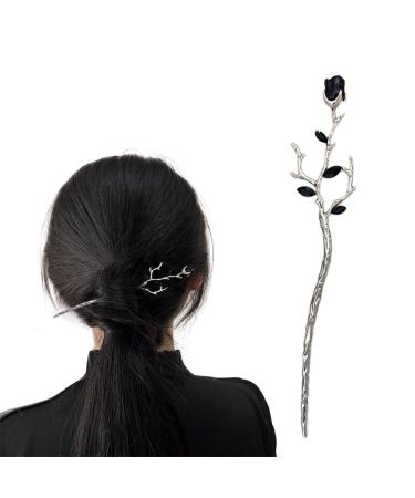 Gun Black Hair Chopsticks Black Rose Metal Hairpin Flower Hair Sticks for Bun Hair Accessories for Women Girls One Size One Size Black