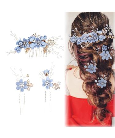 WHYCNJL 3 Pieces Wedding Comb Pearl Hair Jewelry Bridal Rhinestone Bridal Jewelry Comb Hair Clip for Bride Bridesmaid Blue