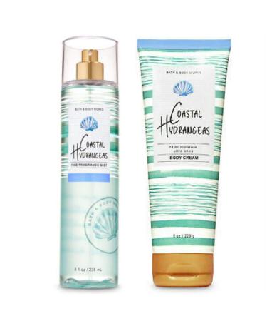 Bath and Body Works COASTAL HYDRANGEAS Body Cream 8 Ounce & Fragrance Mist 8 Fluid Ounce Set