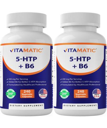 Vitamatic 5-HTP 200mg with B6 5mg Per Serving - 240 Vegetarian Capsules (5-Hydroxytryptophan) - (Griffonia Simplicifolia Seed Extract)- 2 Pack