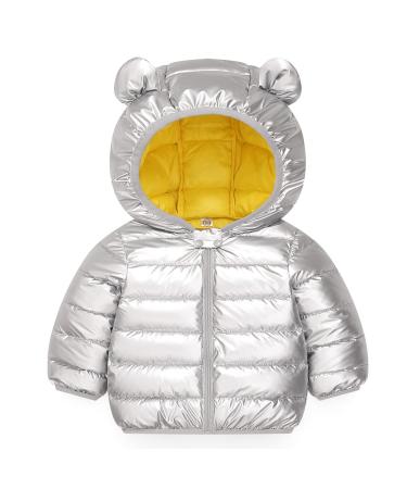 Baby Puffer Jacket Winter Hooded Coat Padded Jacket Lightweight Outerwear Outfits Silver 100cm E 110