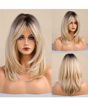 Rendaa Long Layered Blonde Wigs for Women Synthetic Hair Wig with Bangs Natural Wavy Wigs with Dark Roots