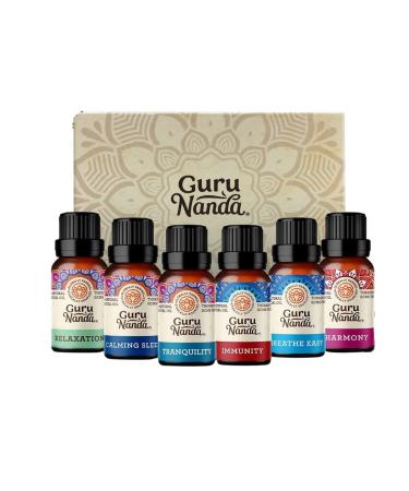GuruNanda Therapeutic Grade Essential Oil Blends (Set of 6) - 100% Natural Essential Oil Set, Aromatherapy Oil Blends for Diffusers - Breathe Easy, Tranquility, Harmony, Sleep, Relaxation, Immunity Blends 0.33 Fl Oz (Pack of 6)