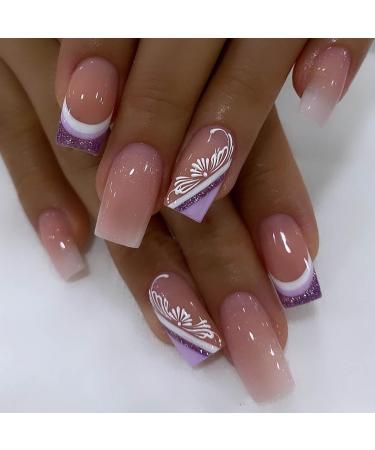 SINLOV Short Medium Square Fake Nails Flower Glossy Press on False Nails Pink Nude Ballerina Artificial Finger Nails French Full Cover False Nails for Women and Girls