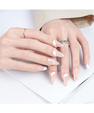 LADYING 24 Pcs Almond Short False Nails | White Swirl French Press On Nails | Trendy Oval Stick On Nails for Women - Buy Online on GoSupps.com