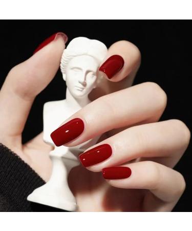 Red Press on Nails Medium Length Coffin Fake Nails Wine Red Acrylic Glue on Nails with Elegant Red Gradient Designs Full Cover Solid Color Wine Red Shiny Oil Square False Nails Set for Women 24 Pcs