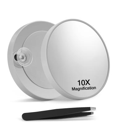 Macaki 10X Magnifying Mirror with 2 Suction Cups 8.8cm Magnified Makeup Mirror and Slant Tweezers 1PCS Grey Gray 10X
