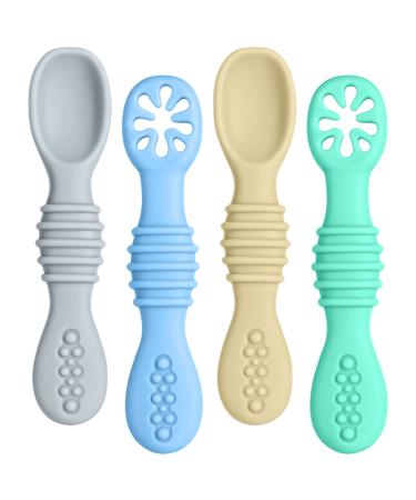 Vicloon Baby Fork and Spoon Set 4Pcs Silicone Spoon Baby Weaning Spoon Set Self Feeding Utensil Easy Grip Soft Baby Spoon Toddler Cutlery Kit for Infant Toddler Children First Led Training Weaning Blue/Green/Grey/Khaki