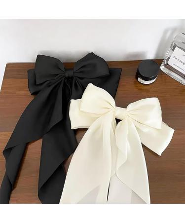 2Pcs Silky Satin Hair Bows Big Hair Bows for Women Hair Ribons Oversized Long Tail White Hair Bow Black Hair Bow Large Hair Ribbon Barrettes Metal Clips Bowknot Aesthetic Hair Accessories - Buy Online on GoSupps.com